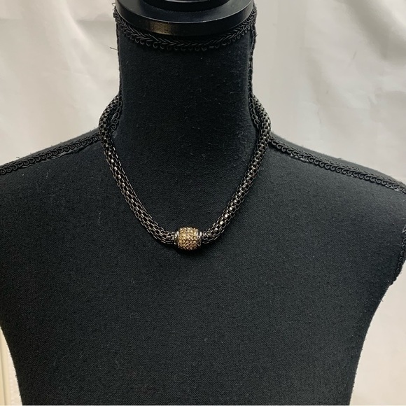 Dark chrome gunmetal chain tubular link crystal rhinestone magnetic necklace - Picture 3 of 10